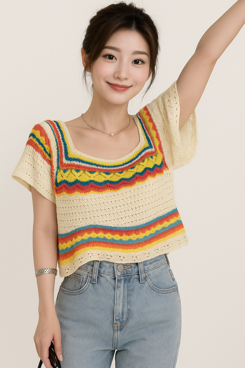 Summer Slim Chic Contrast Color Stripes Square Collar Short Sleeve