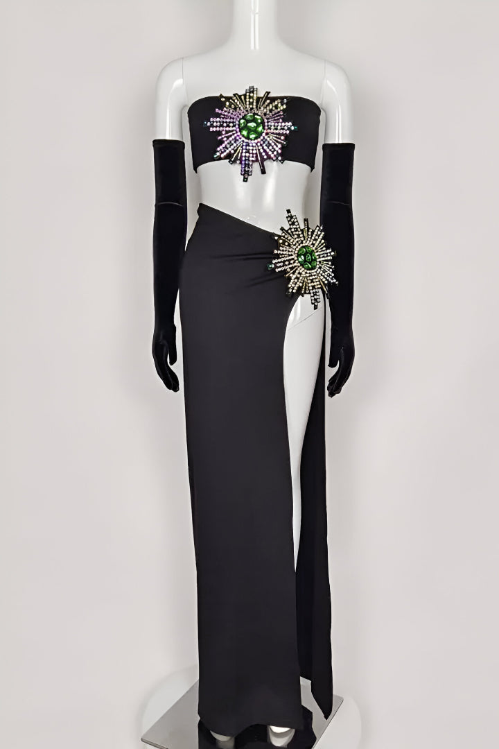 Shiny Rhinestone Tube Top High Slit Skirt Bandage Suit