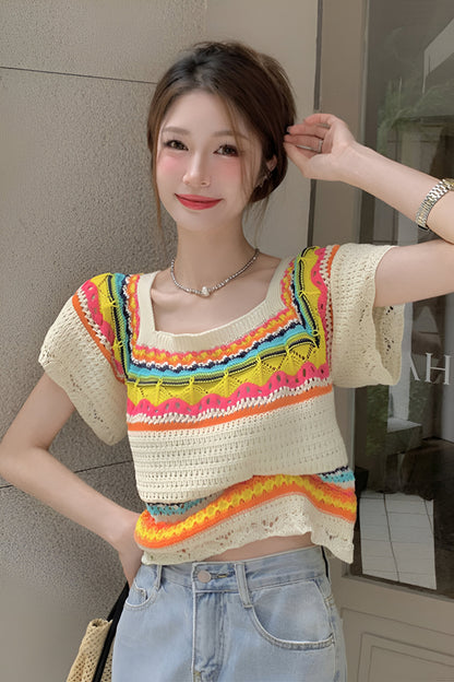 Summer Slim Chic Contrast Color Stripes Square Collar Short Sleeve