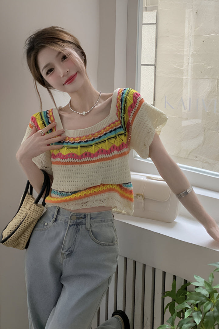 Summer Slim Chic Contrast Color Stripes Square Collar Short Sleeve