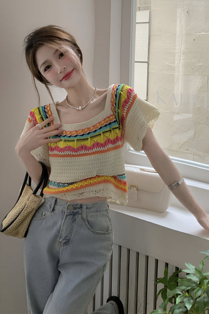 Summer Slim Chic Contrast Color Stripes Square Collar Short Sleeve