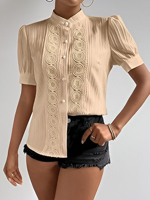 European And American Lace Patchwork Stand-up Collar Women's Top