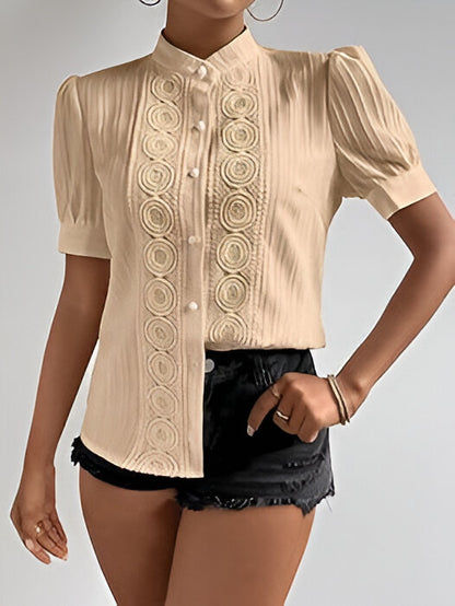 European And American Lace Patchwork Stand-up Collar Women's Top