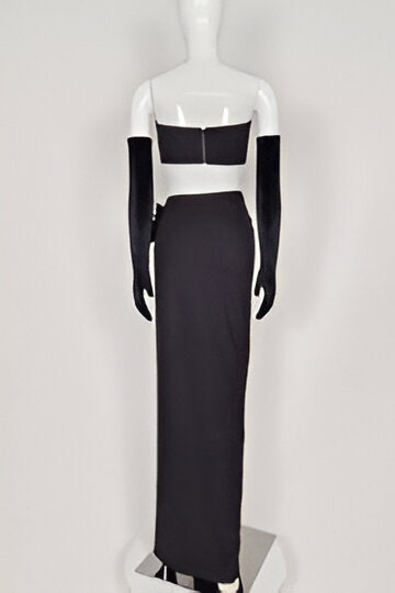 Shiny Rhinestone Tube Top High Slit Skirt Bandage Suit