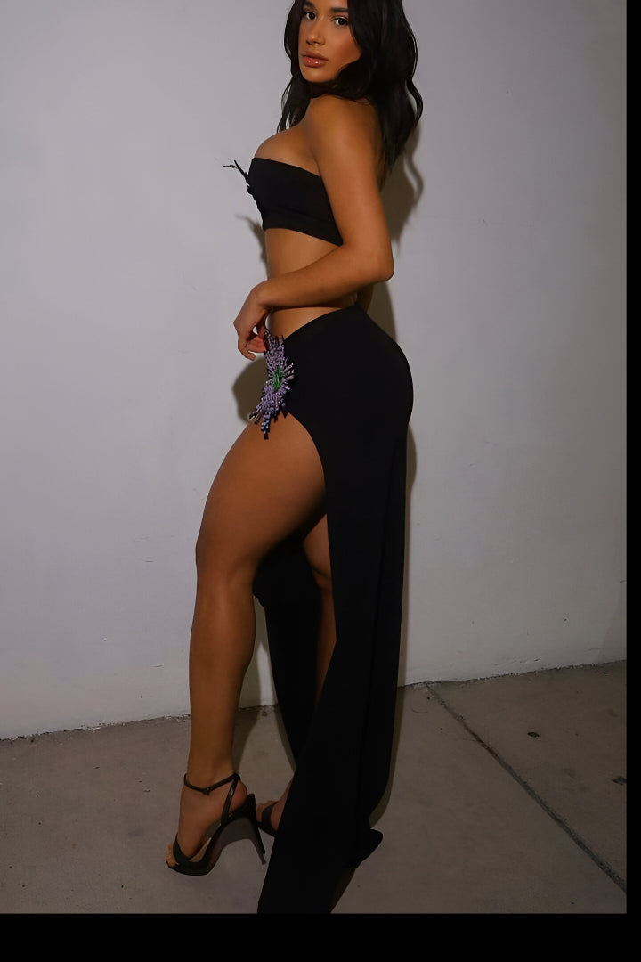 Shiny Rhinestone Tube Top High Slit Skirt Bandage Suit