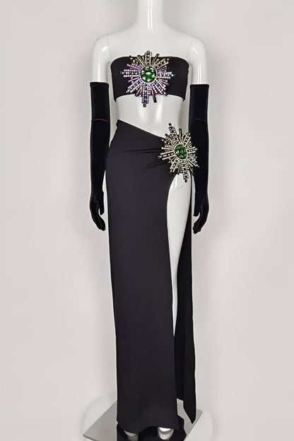 Shiny Rhinestone Tube Top High Slit Skirt Bandage Suit