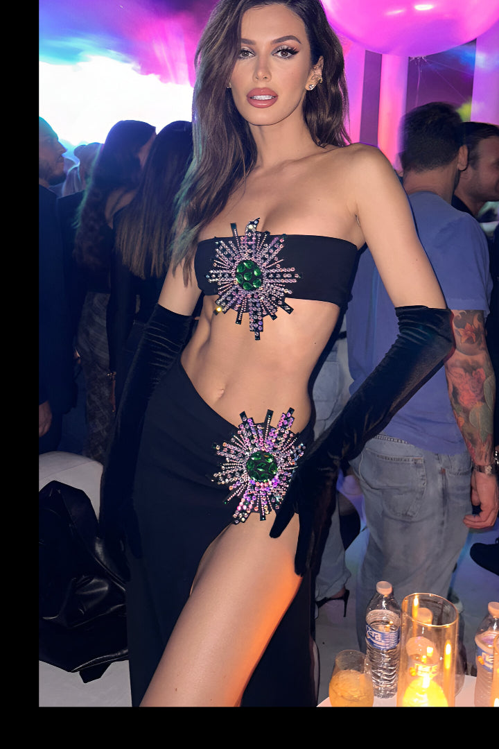 Shiny Rhinestone Tube Top High Slit Skirt Bandage Suit